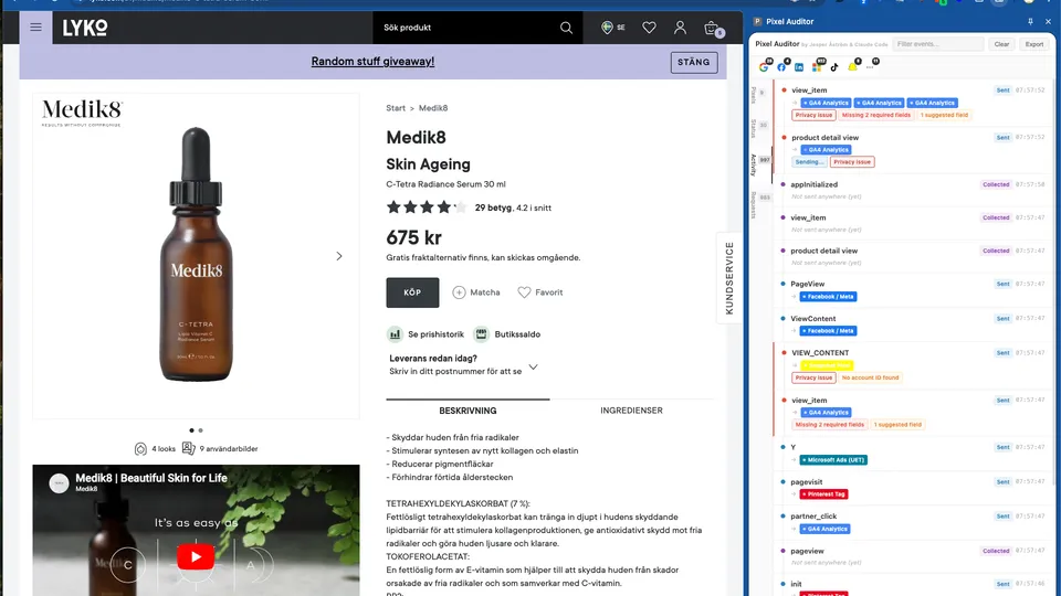 Pixel Auditor Chrome extension showing vendor status on a live e-commerce site