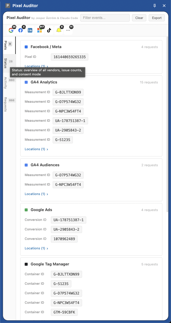 Pixels Tab with multiple vendors detected