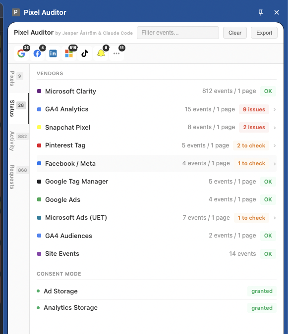 Status Tab showing vendor health overview with consent mode